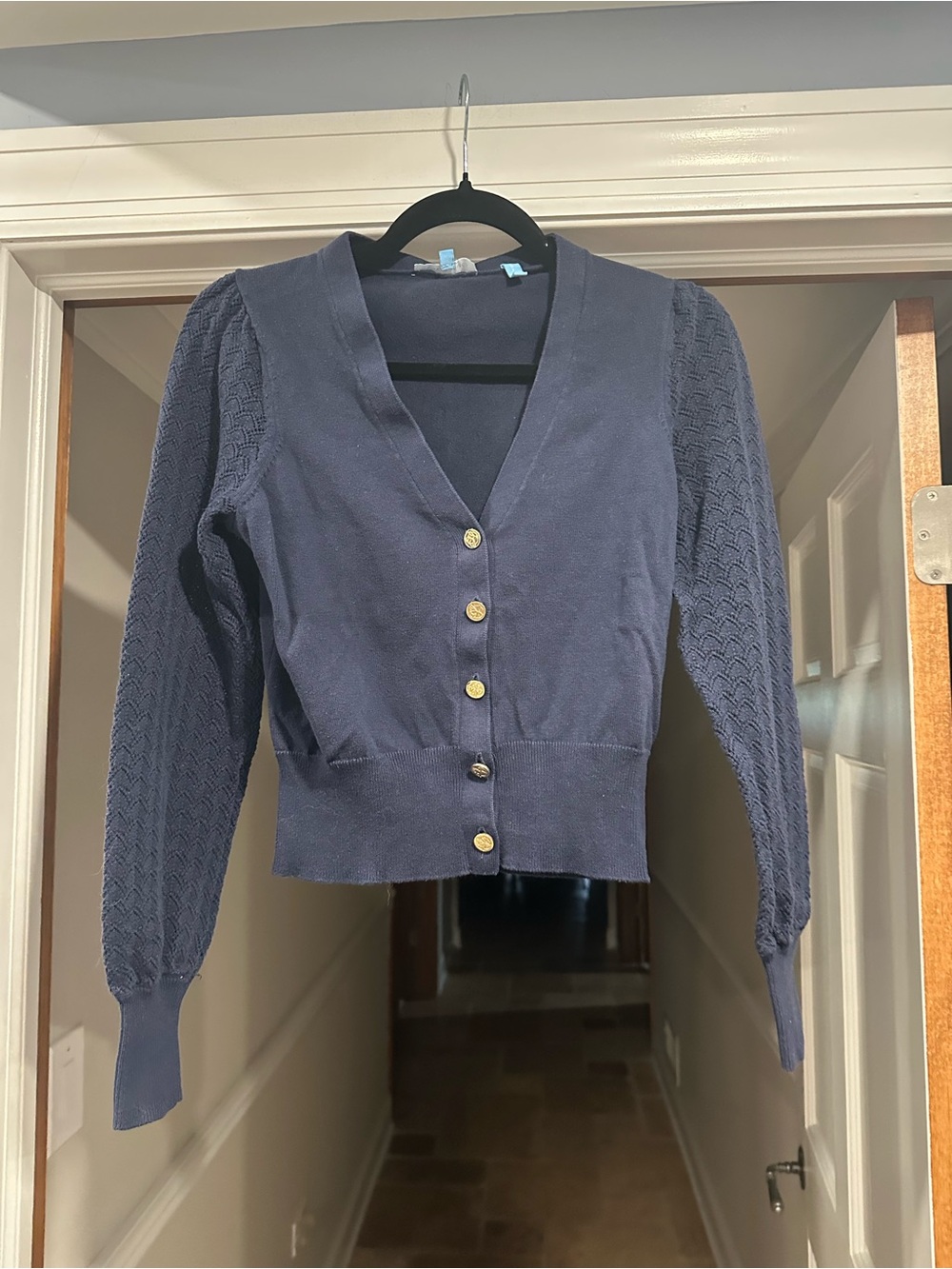 Draper James Navy V-Neck Buttoned Cardigan with Gold Buttons